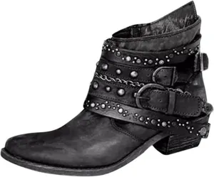 Boots for Women Ankle Womens Booties Black Womens Wide Boots Wide Width Steel Toe Shoes for Women Casual Round Head Pointed Toe Stacked Mid Heel