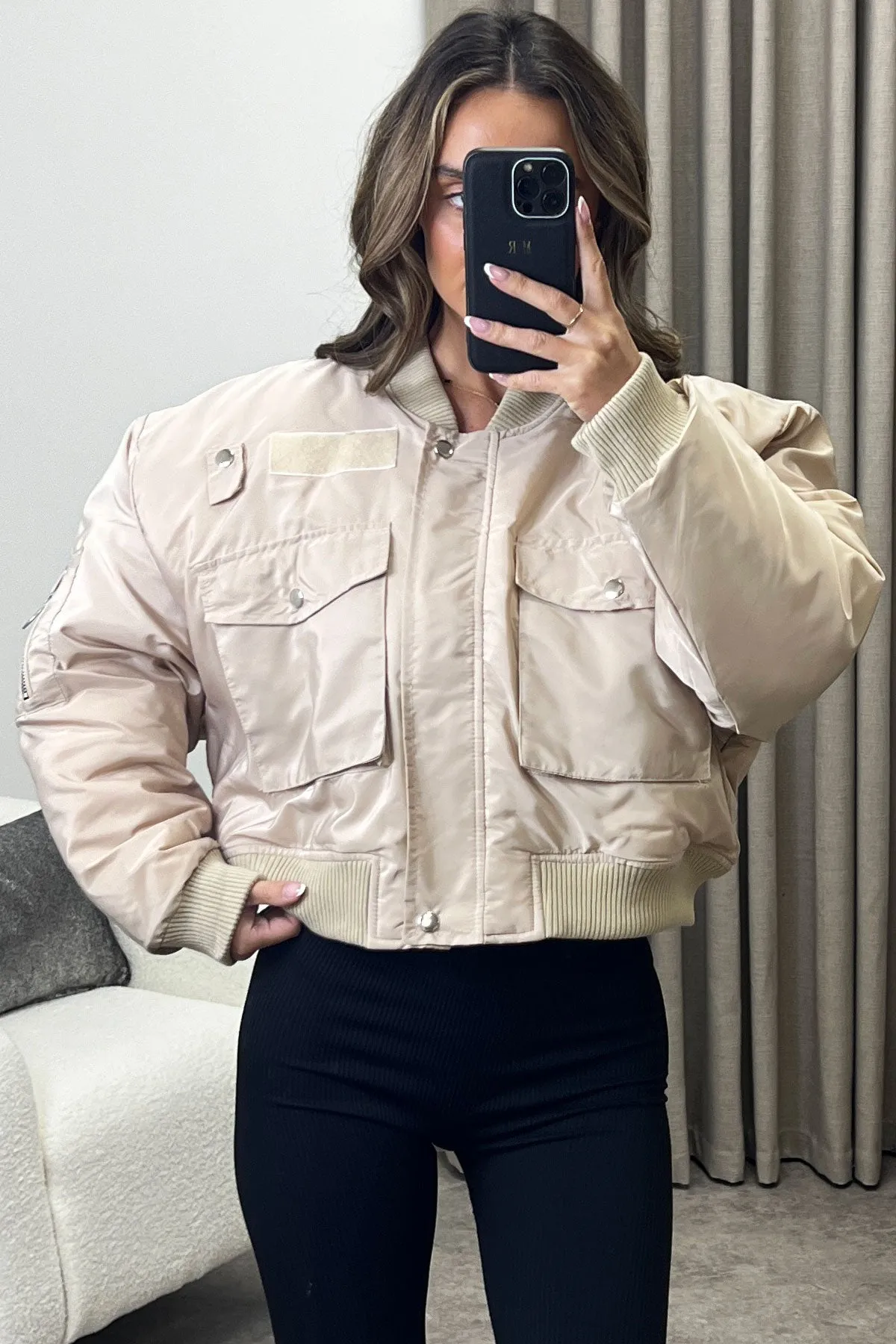 Elka Beige Utility Pocket Oversized Bomber Jacket