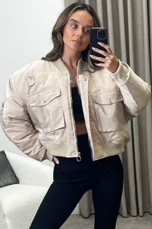 Elka Beige Utility Pocket Oversized Bomber Jacket