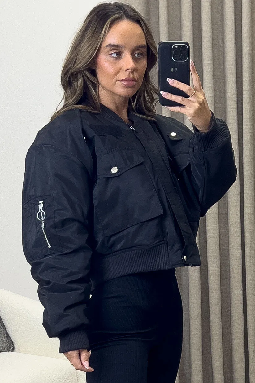 Elka Black Utility Pocket Oversized Bomber Jacket
