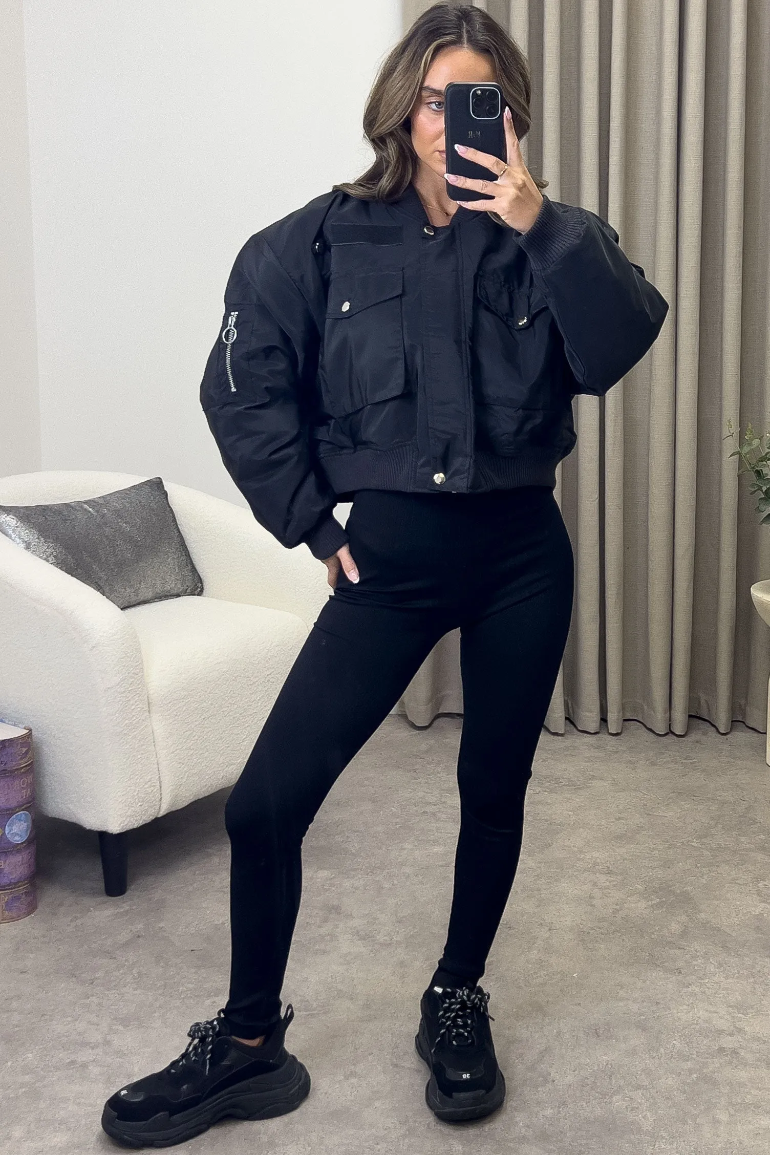 Elka Black Utility Pocket Oversized Bomber Jacket