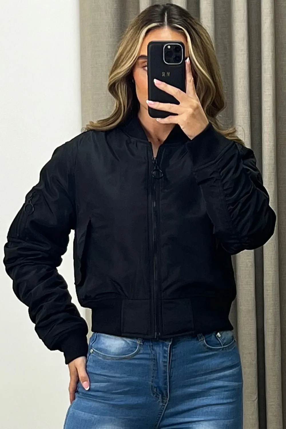 Leyla Black Ruched Sleeve Zip Up Bomber Jacket