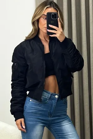Leyla Black Ruched Sleeve Zip Up Bomber Jacket
