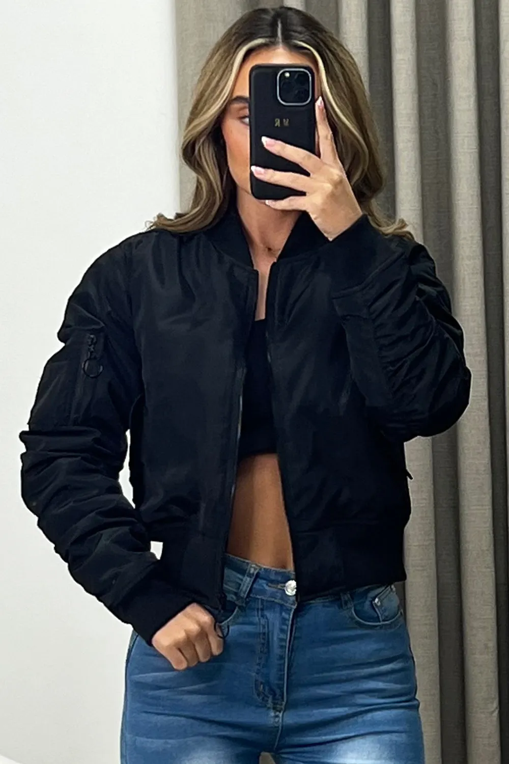 Leyla Black Ruched Sleeve Zip Up Bomber Jacket