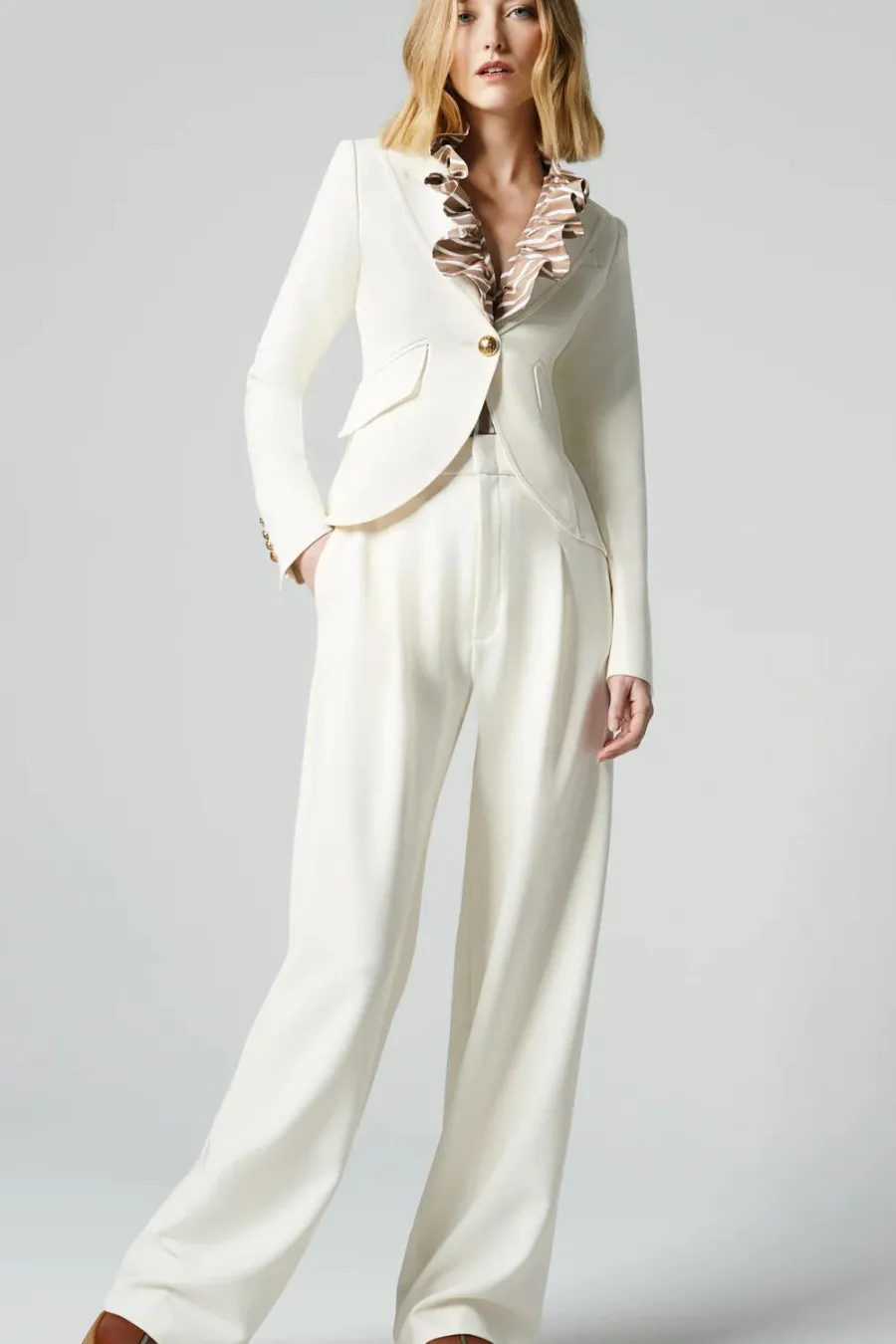 One Button Blazer Ivory Pique