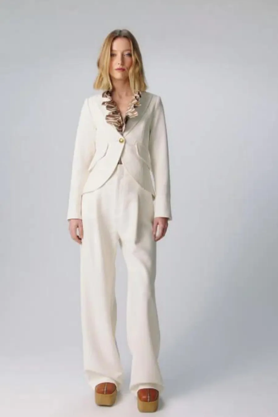 One Button Blazer Ivory Pique