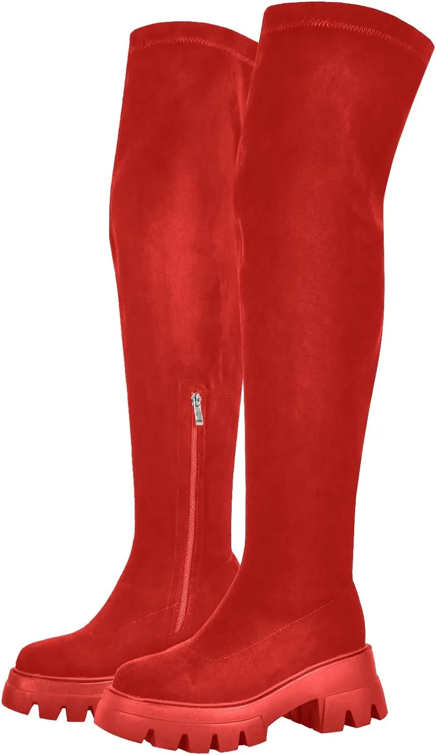 VERISSON Round Toe Low Block Heeled Thigh Boots Zip up Chunky Heels Tread Sole Fashion Booties